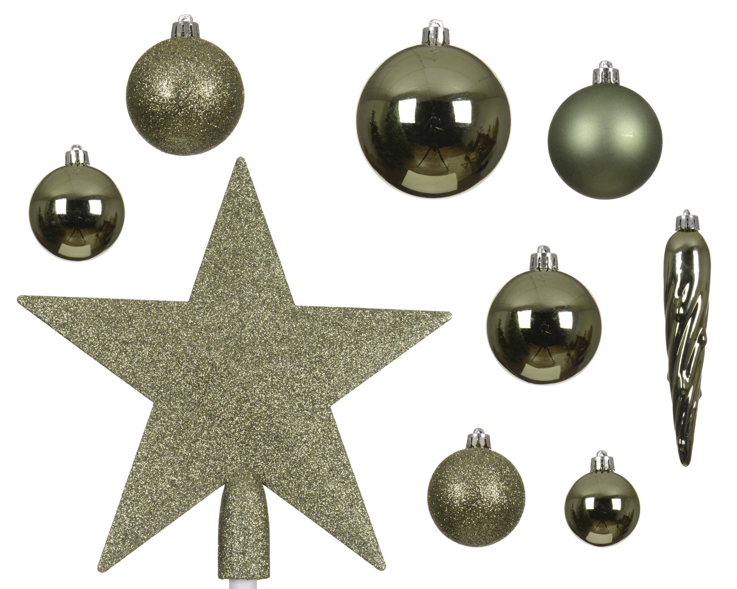 Kerstballen + piek kunststof glans/mat/glitter mix 8cm 6cm 5cm - rozemarijn 33st. green