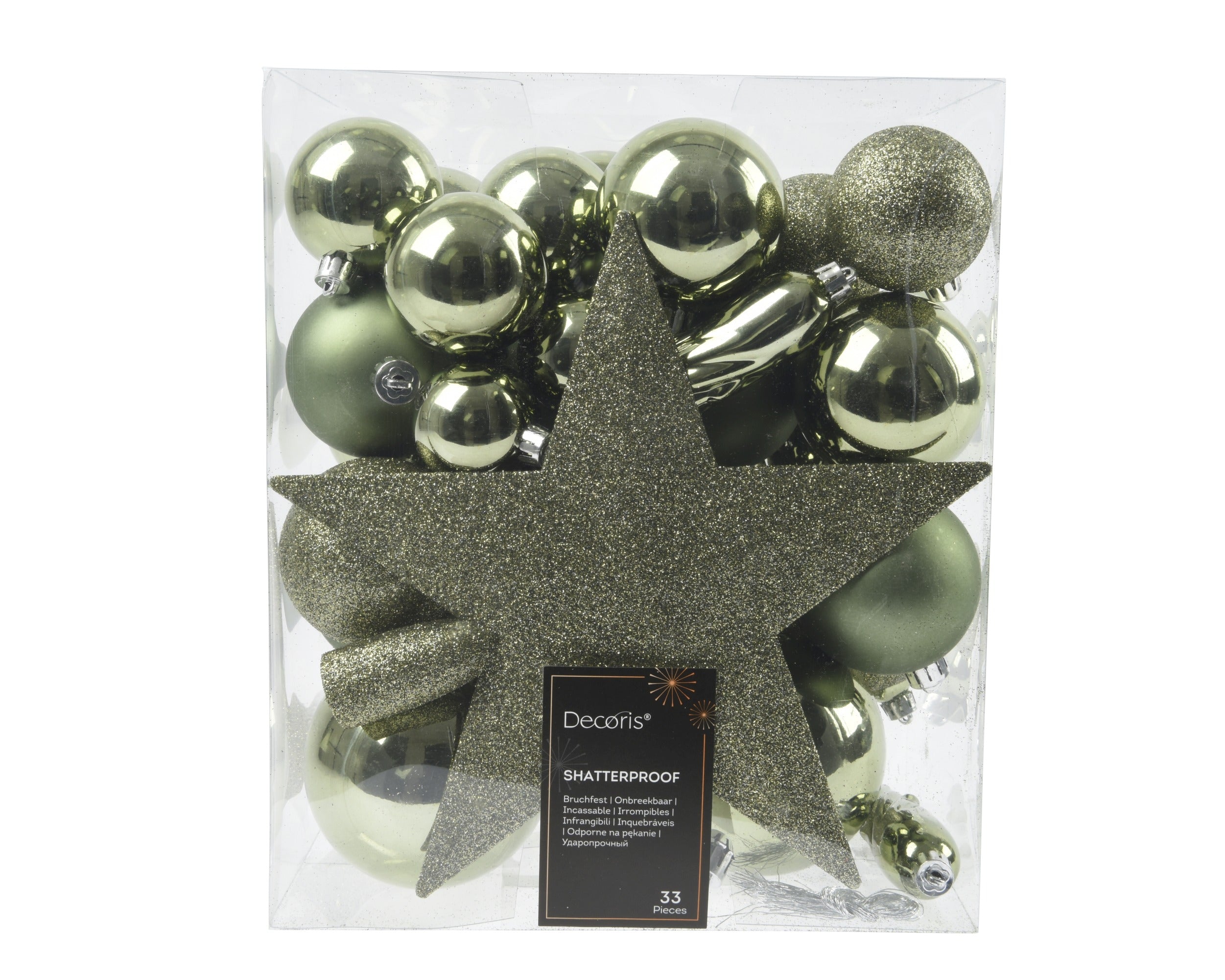 Kerstballen + piek kunststof glans/mat/glitter mix 8cm 6cm 5cm - rozemarijn 33st. green