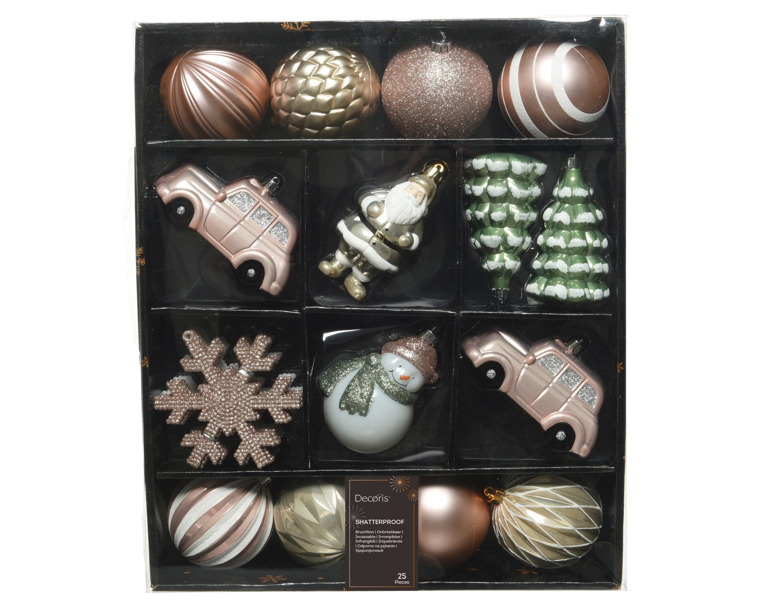 Kerstballen box kunststof glans/mat/glitter mix - roze/groen 25st.