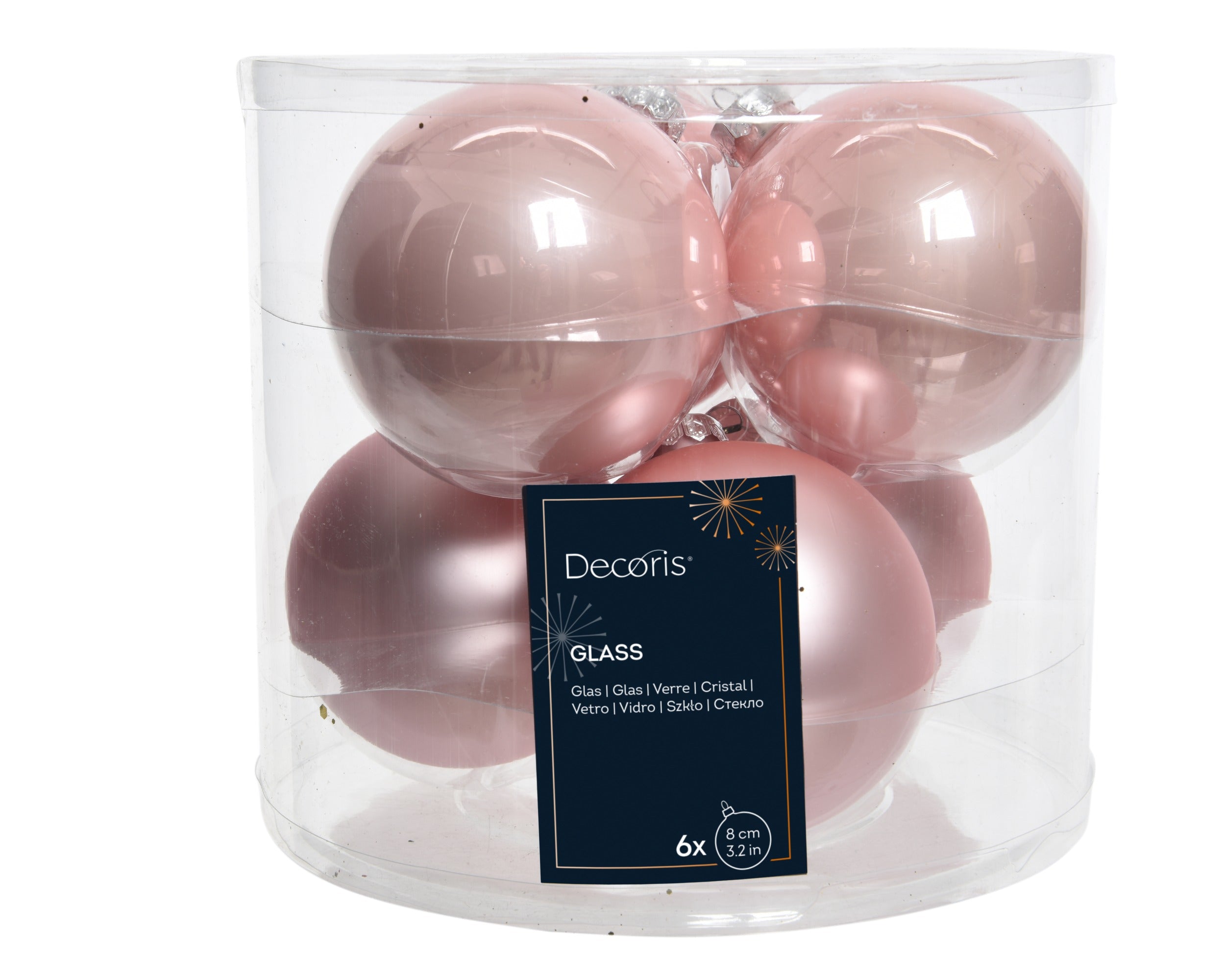 Kerstballen glas emaille/mat mix 8cm - poederroze 6st.