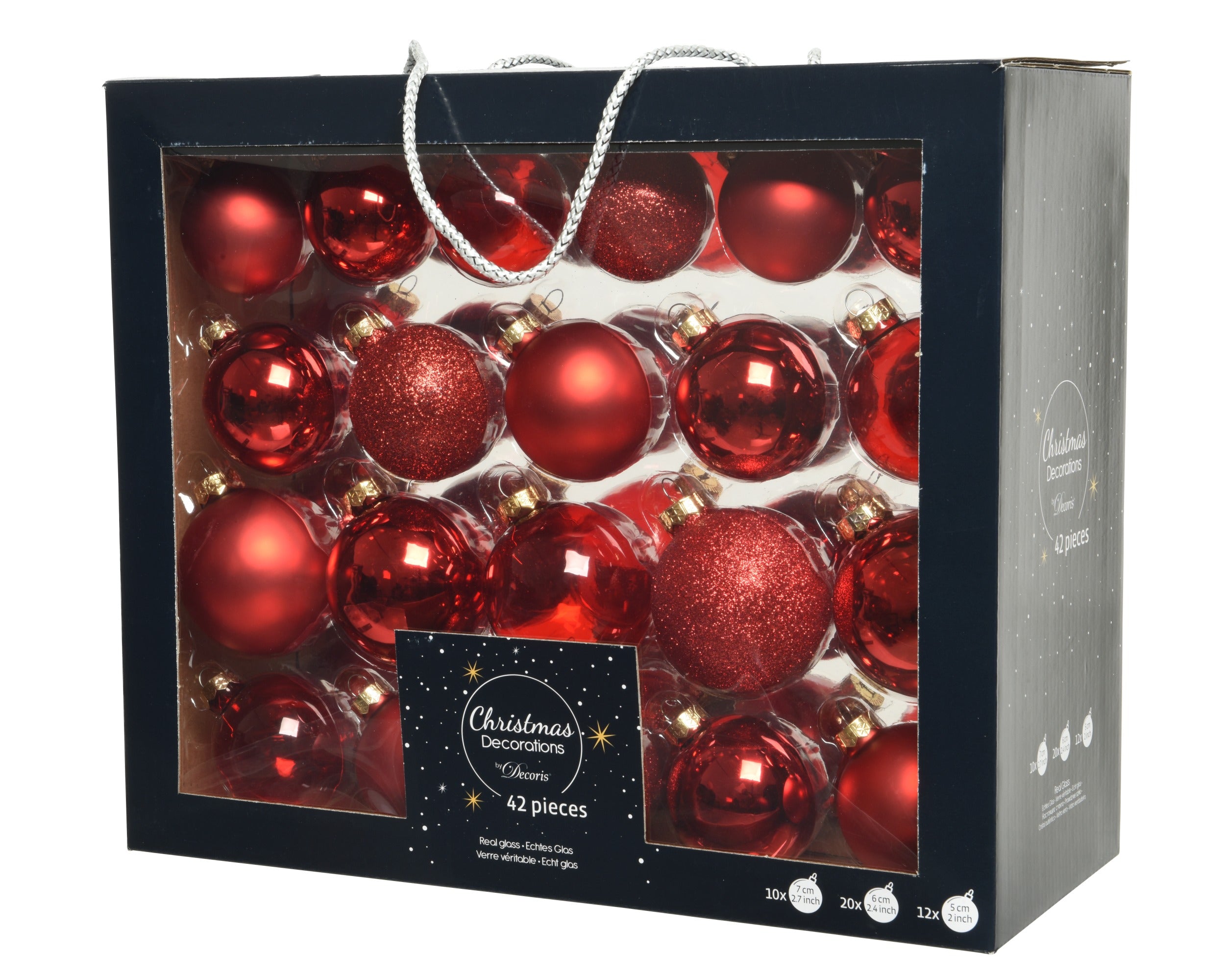 Kerstballen glas gl./mat/glit./transp. mix 7cm 6cm 5cm - kerstrood 42st.
