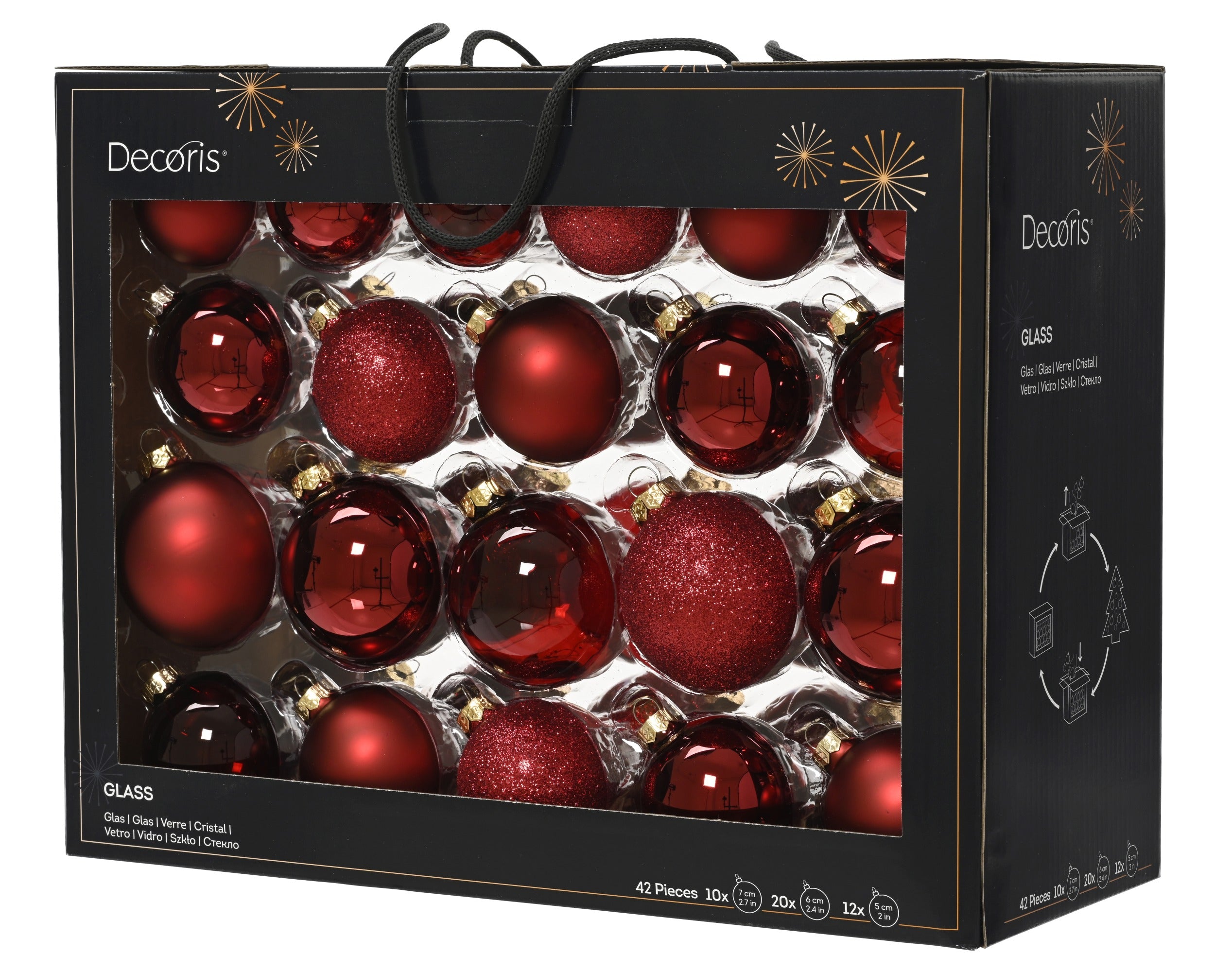 Kerstballen glas gl./mat/glit./transp. mix 7cm 6cm 5cm - ossenbloed 42st.
