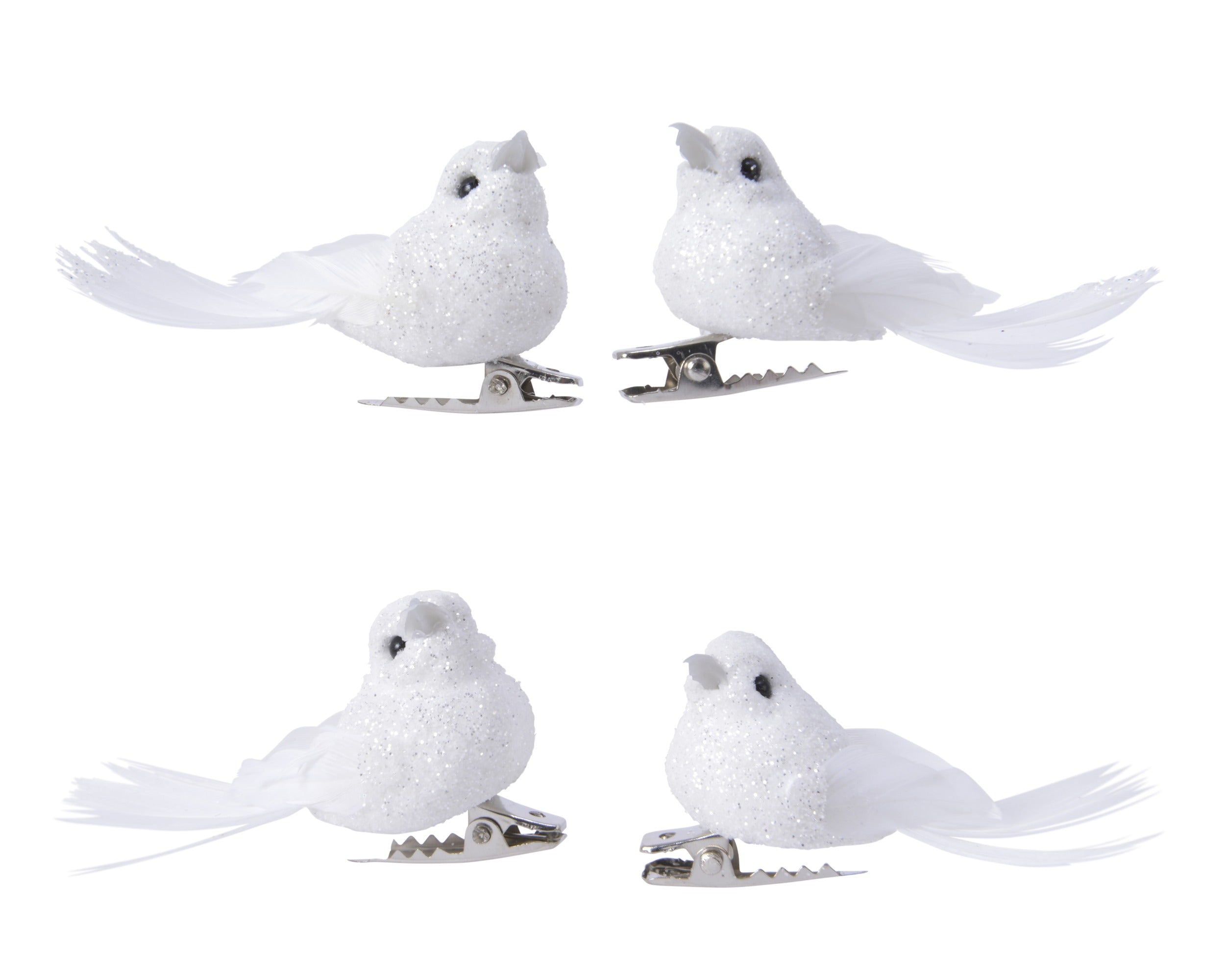 Kerst vogel glitter op clip - wit 4st.