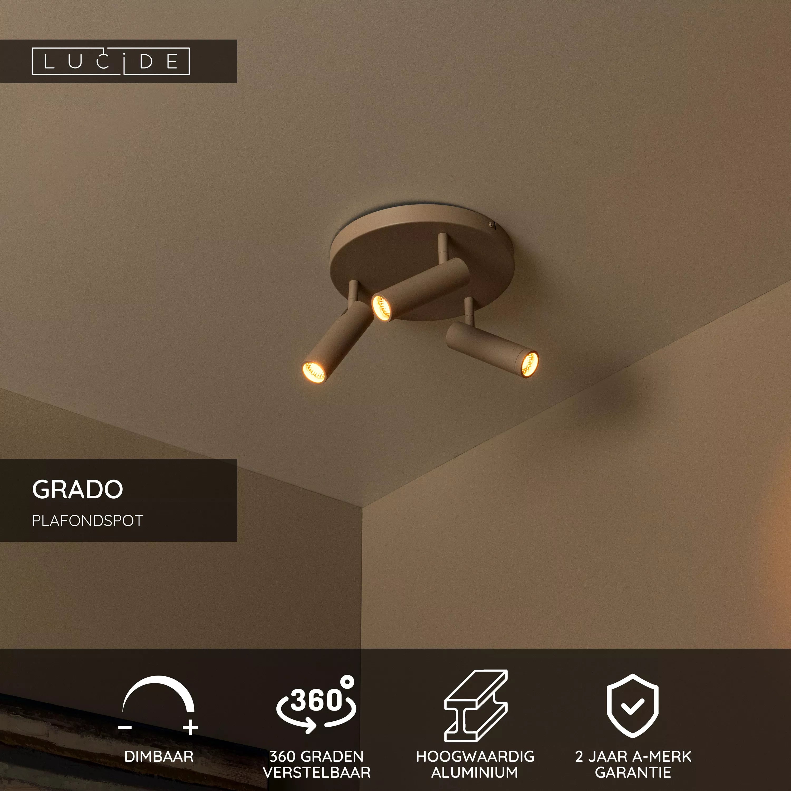 LUCIDE Grado plafondspot taupe dia 25 3xGU10 MR11 12W