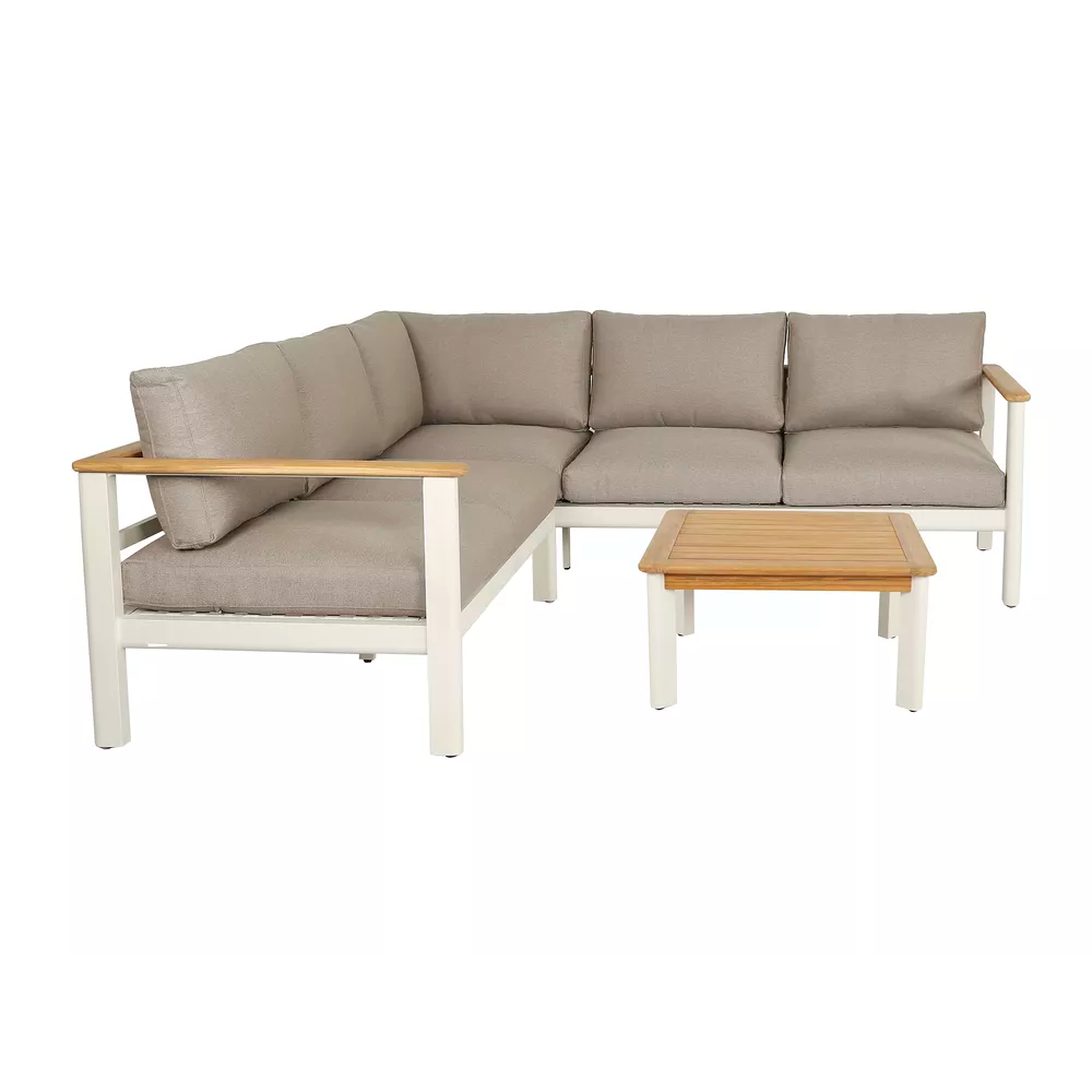 FLINT Lounge hoeksalon met tafel - alu zand/ teak met kussen licht bruin