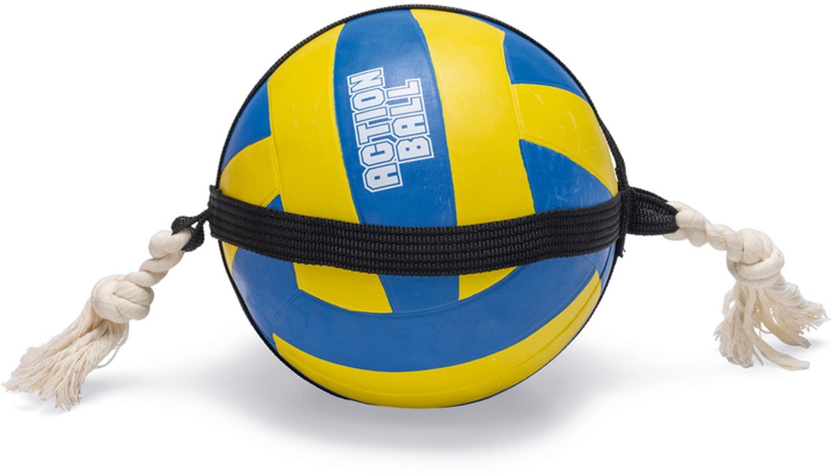 BEEZTEES Hondenspeelgoed volleybal m/touw - blauw/geel