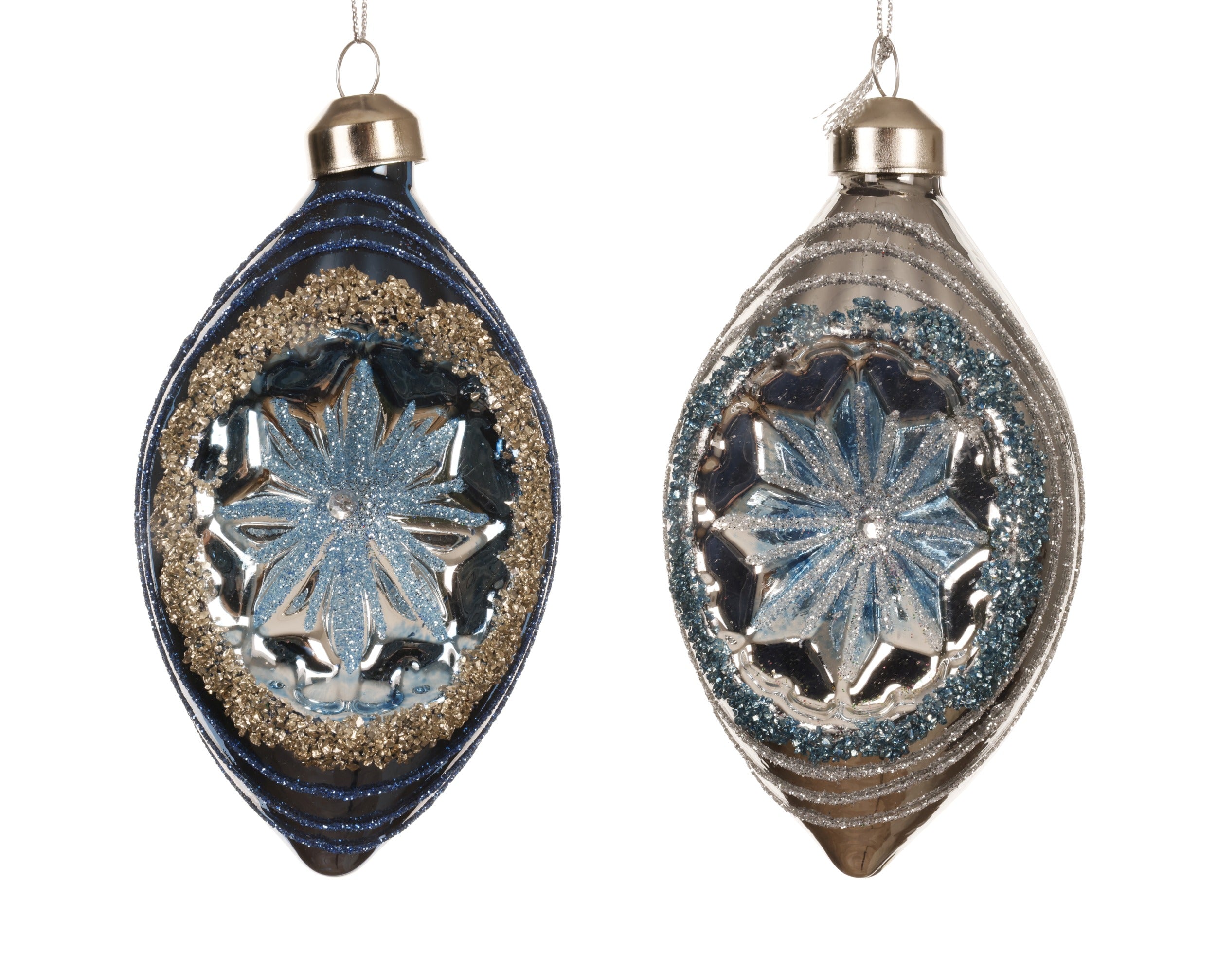Kersthanger olijf glas 12cm - blauw/zilver - ass. (prijs per stuk)