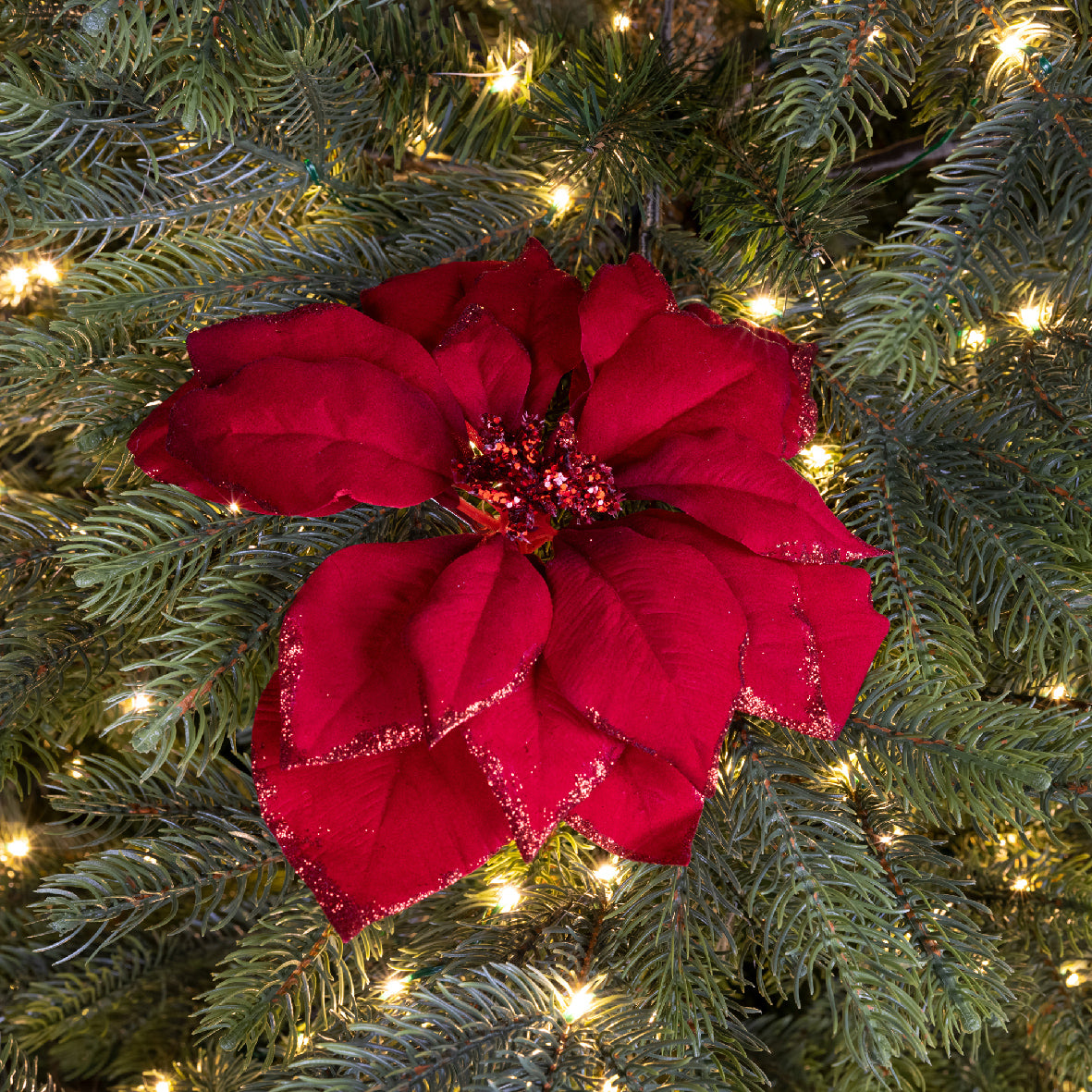 Kerstdeco kerstster glitter op clip 24cm - rood
