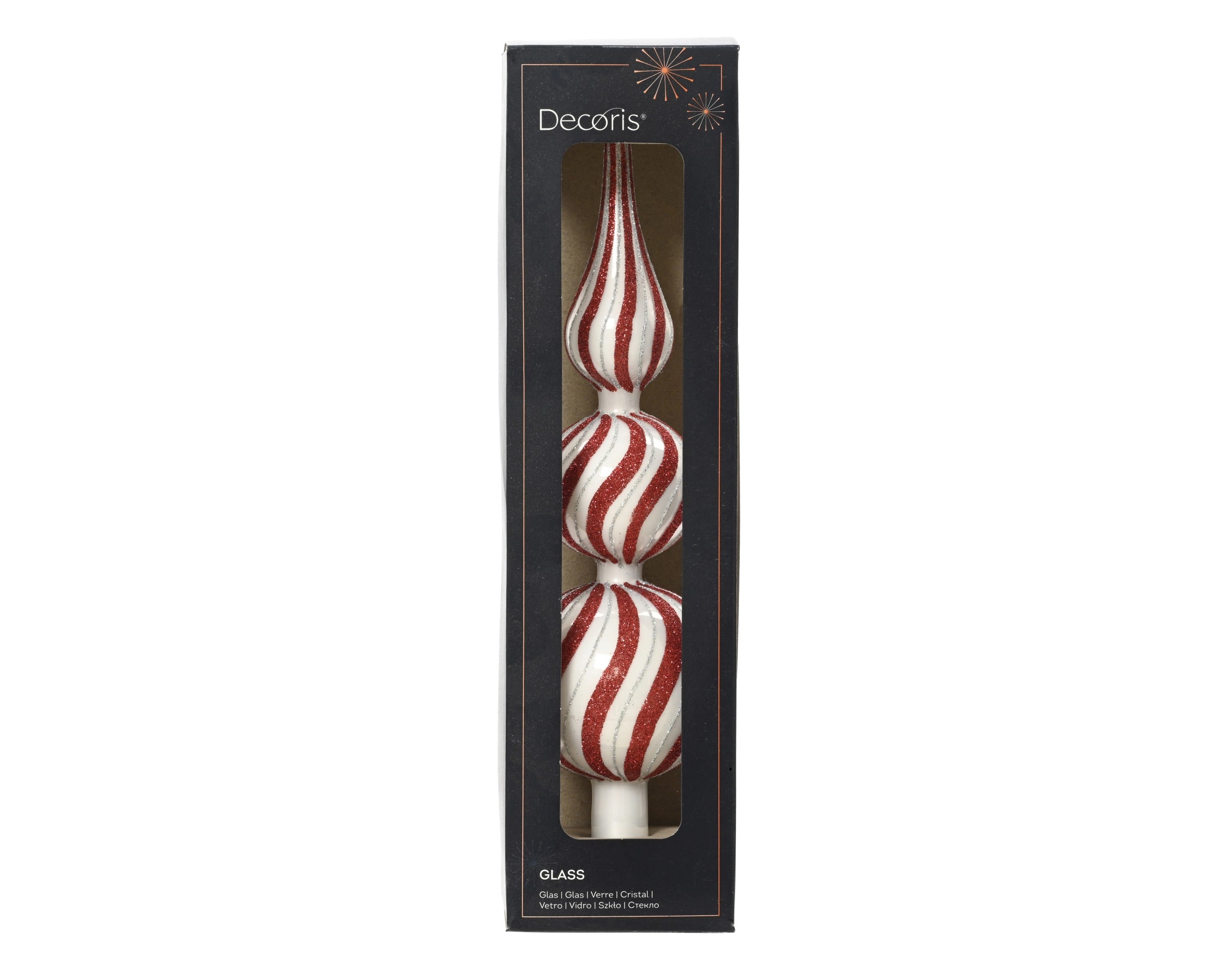 Kerst piek glas emaille/glitter swirl 31cm - rood/zilver
