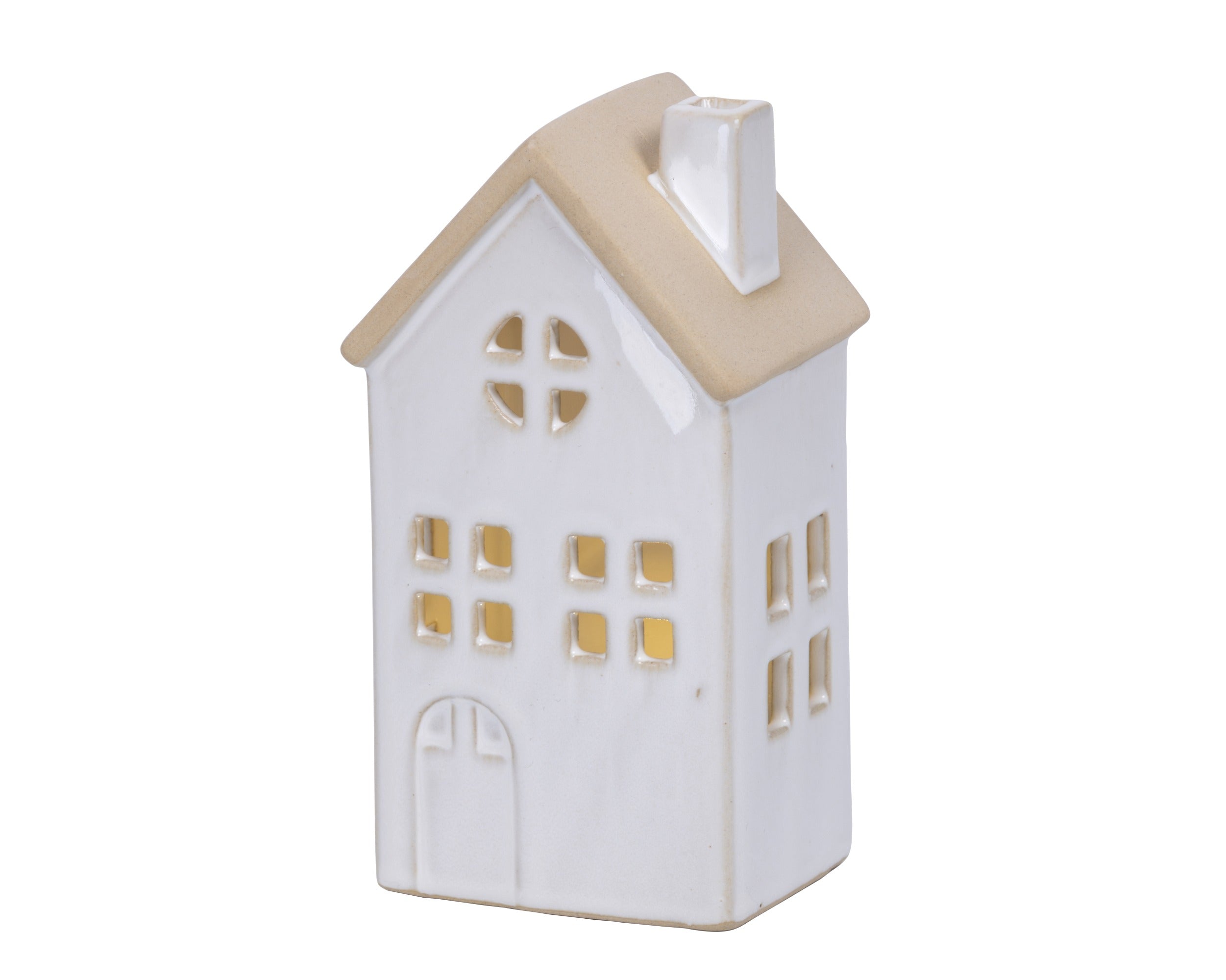 Lumineo LED huisje porselein binnen 8.7x15.5cm - wit - warm wit