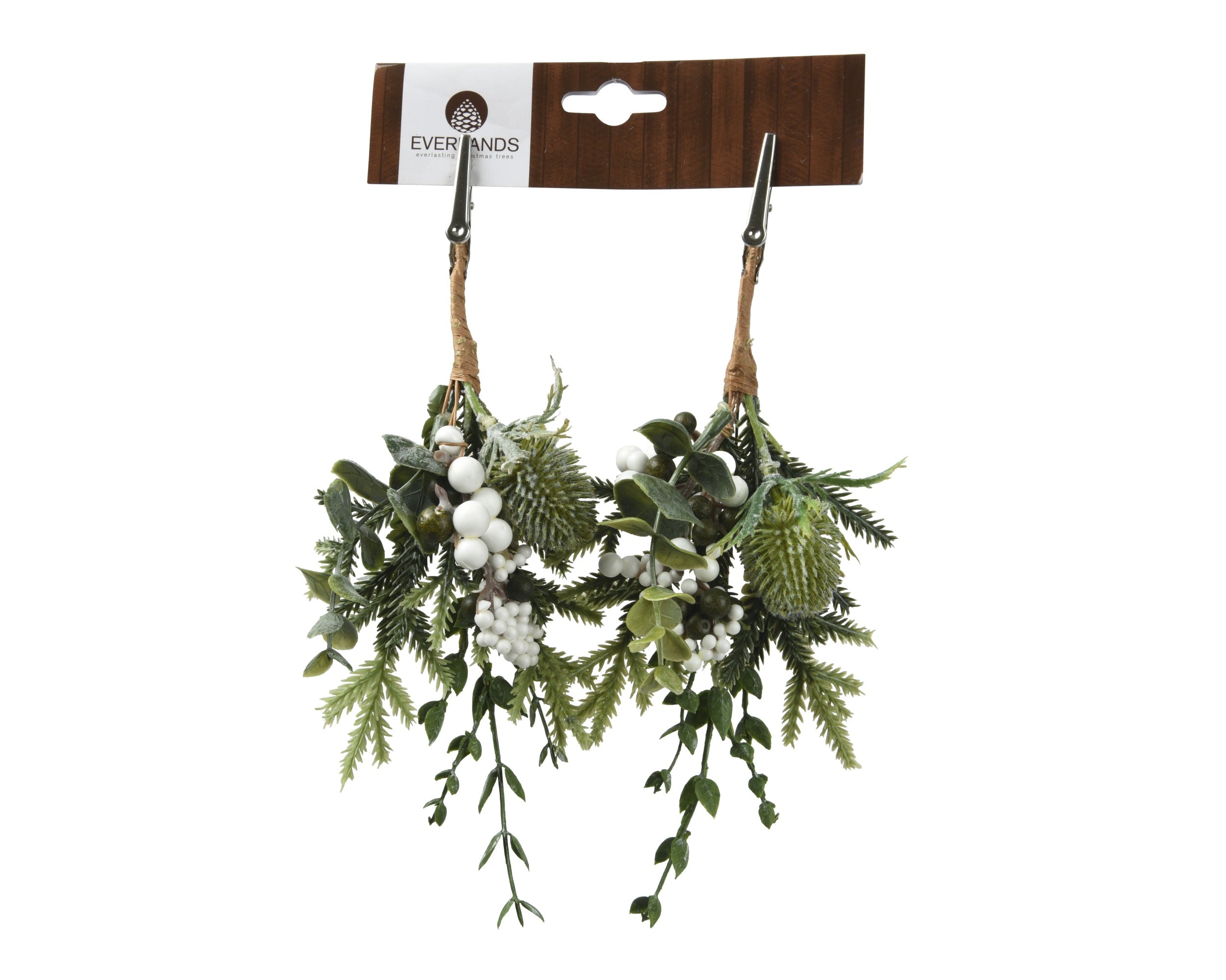 Kerst tak distel op clip 22cm 2st. - groen/wit