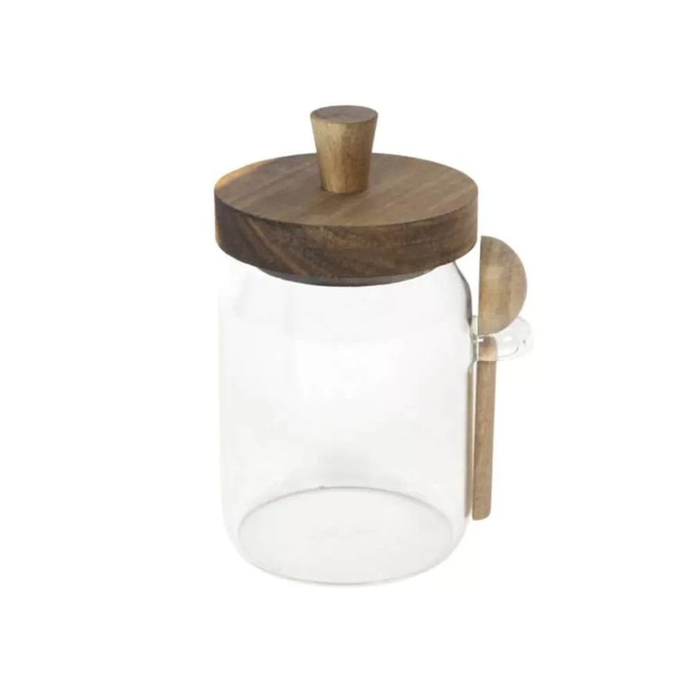 Voorraadpot hout deksel m/lepel - 7,5x13,5cm