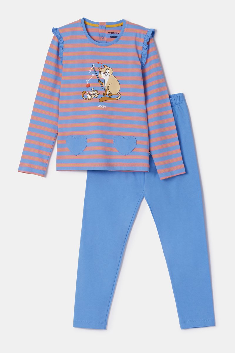 WOODY Meisjes pyjama - blauw-/ roze streep - 12Y