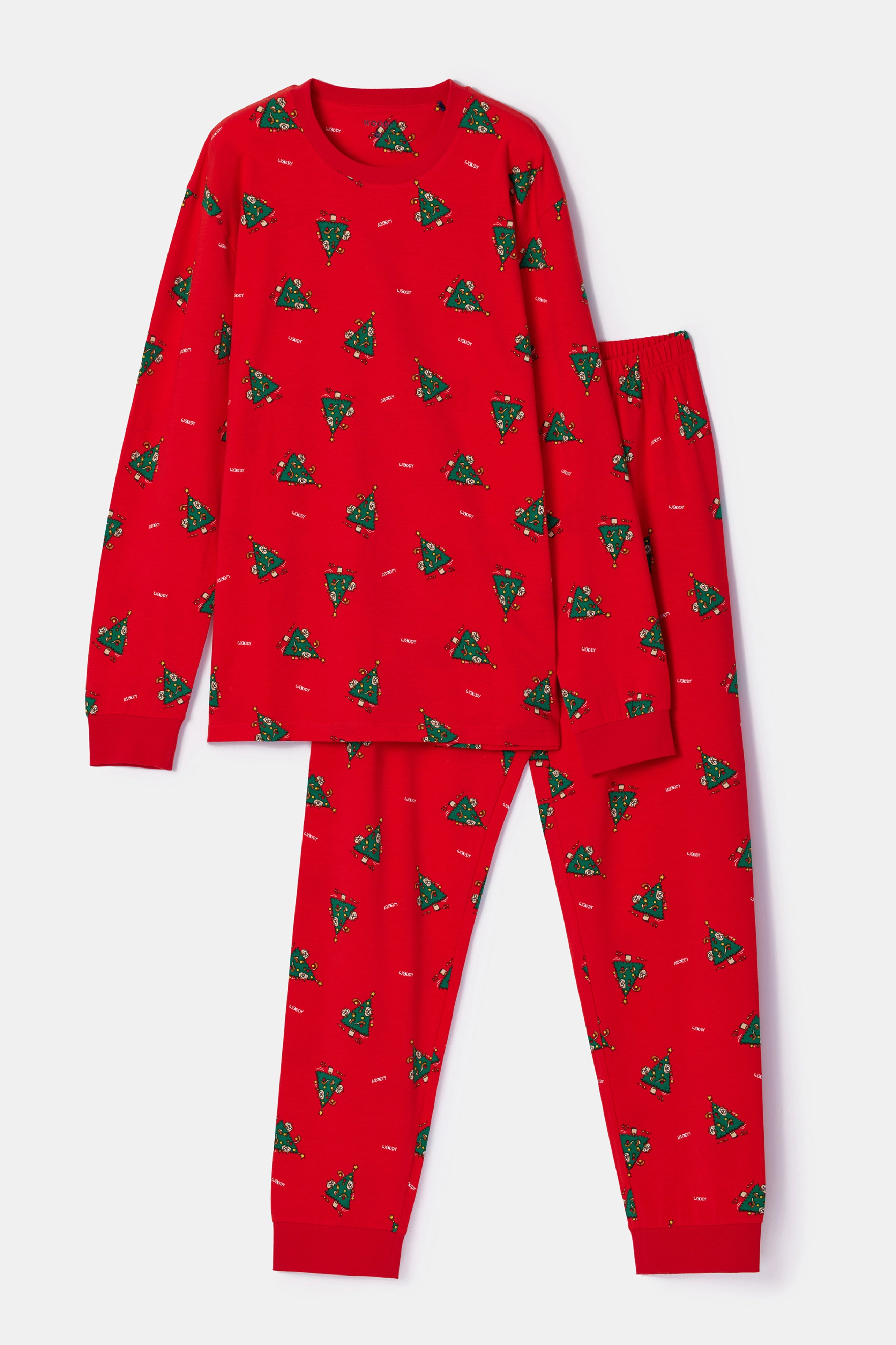 WOODY Dames pyjama - rode kerstbomen print - S