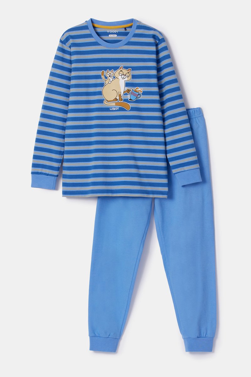 WOODY Jongens pyjama - blauwe/ gele streep - 10Y