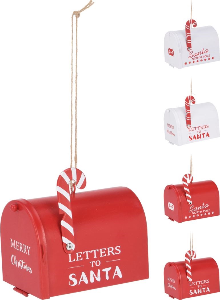 Kersthanger brievenbus 8x7cm - rood/wit - ass. (prijs per stuk)