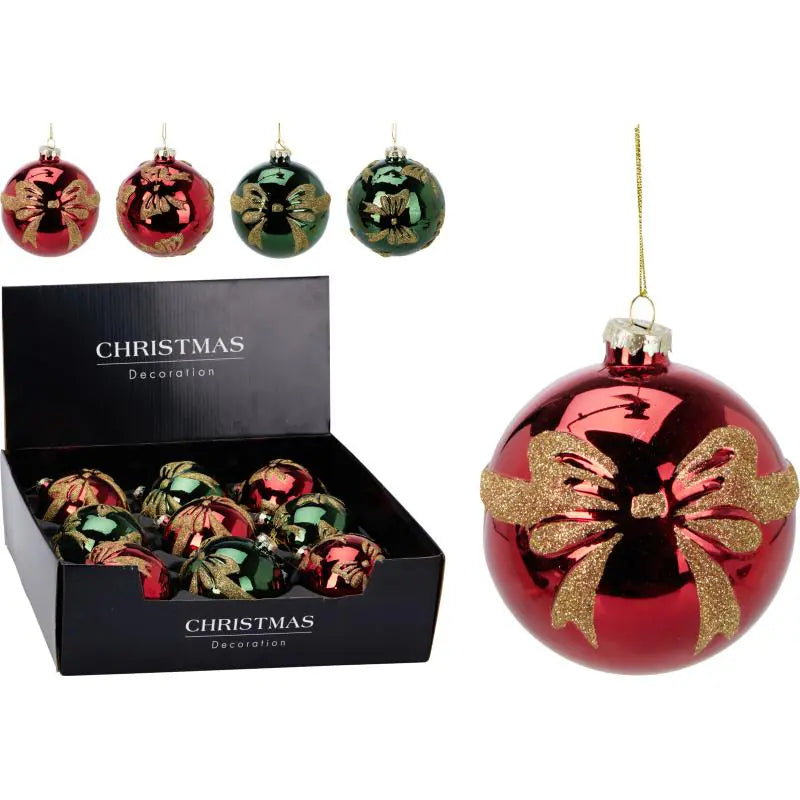 Kerstbal glas strik 100mm - ass. (prijs per stuk)