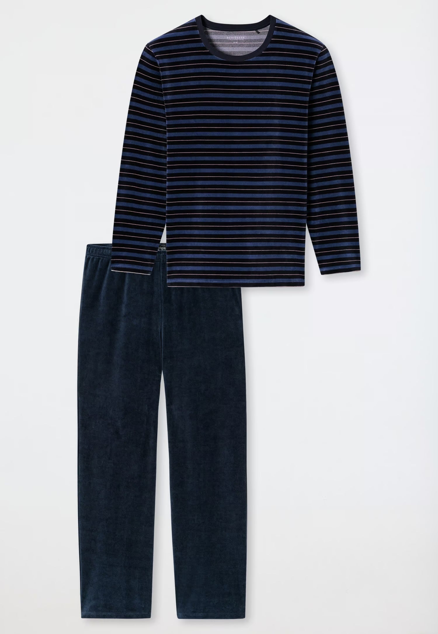 SCHIESSER Pyjama lang velours - donkerblauw/streep - M