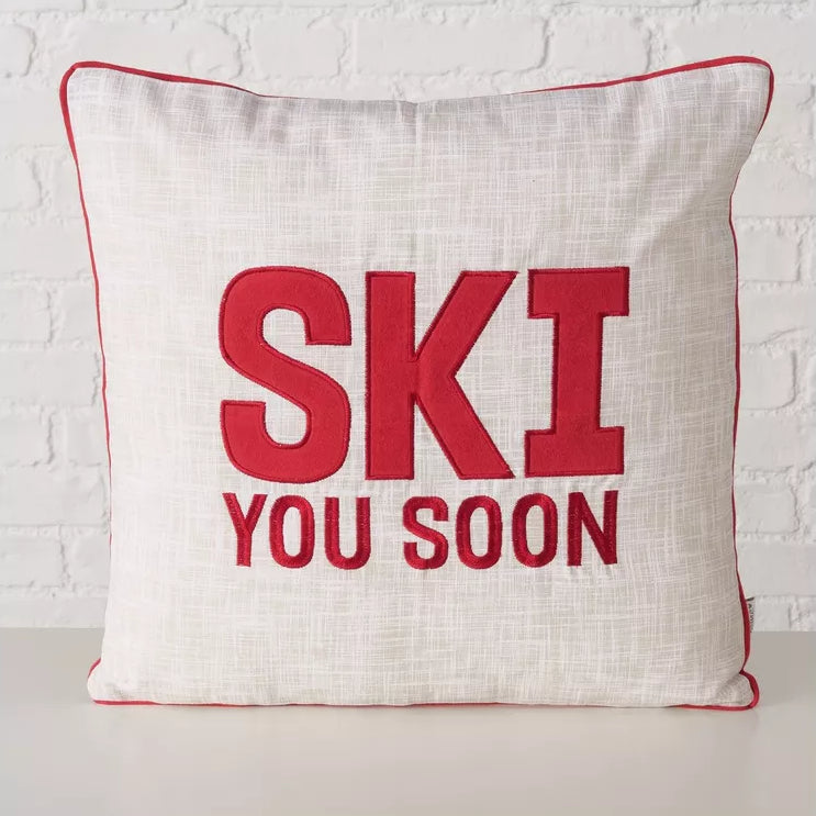 Kerst kussen Skiing text - rood/wit
