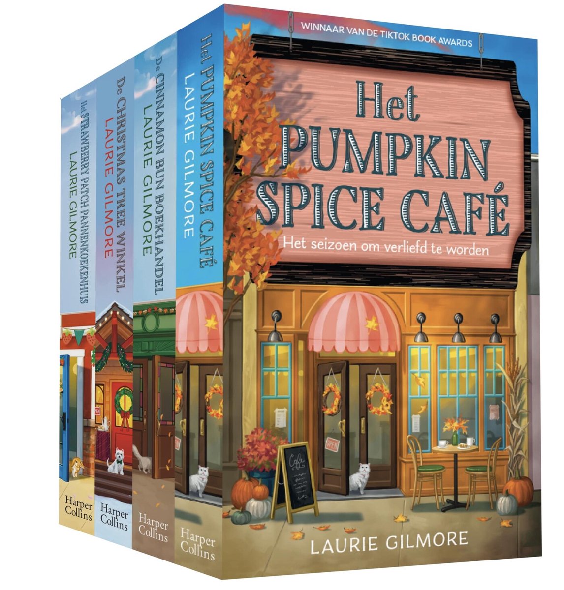 Dream Harbor pakket - Laurie Gilmore - Pumpkin Spice Cafe, Cinnamon Bun, Christmas Tree winkel en Strawberry Patch pannenkoekenhuis