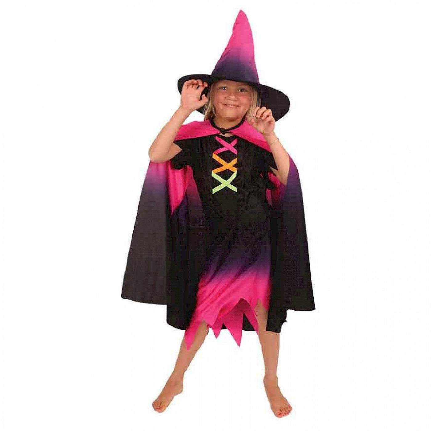 Verkleedkledij kind heks fluo met hoed - 152