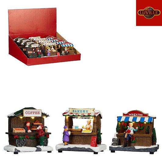 LUVILLE winter tafereel kerstmarkt kraampjes op batterij - ass. (prijs per stuk)