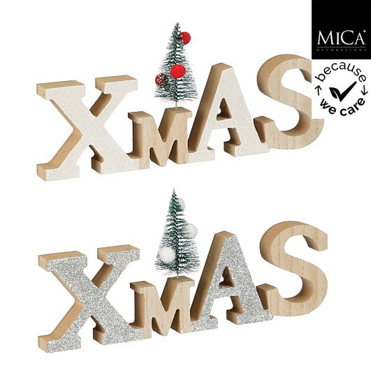 MICA kerstdeco xmas hout glitter - naturel - ass. (prijs per stuk)