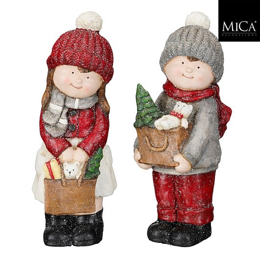 MICA kerstdeco jongen en meisje 16x44cm - rood/grijs