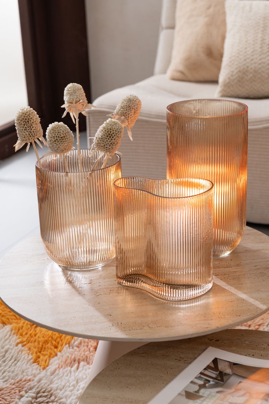 JLINE Vaas glas gestreept - L 16,7x30cm - caramel