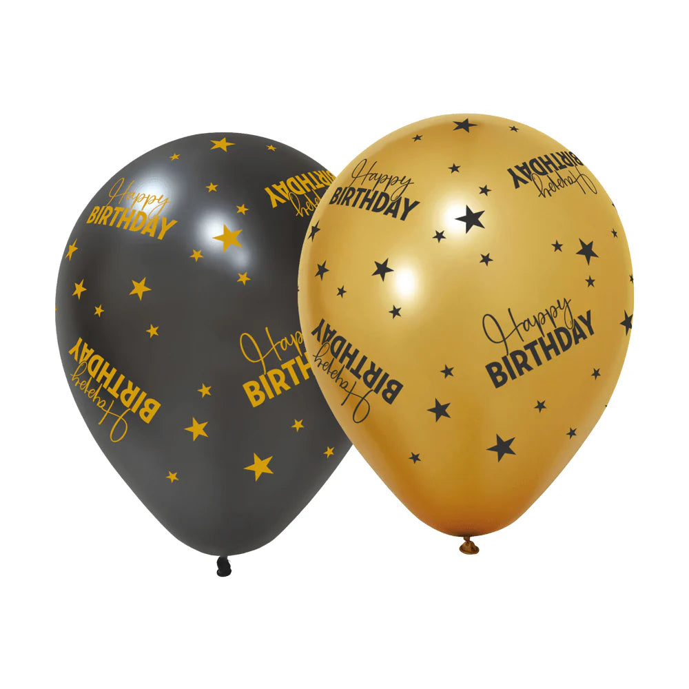 FIESTA 6 Ballonnen 30cm 3 met.goud /3 zwart - Happy Birthday Golden Celebrations
