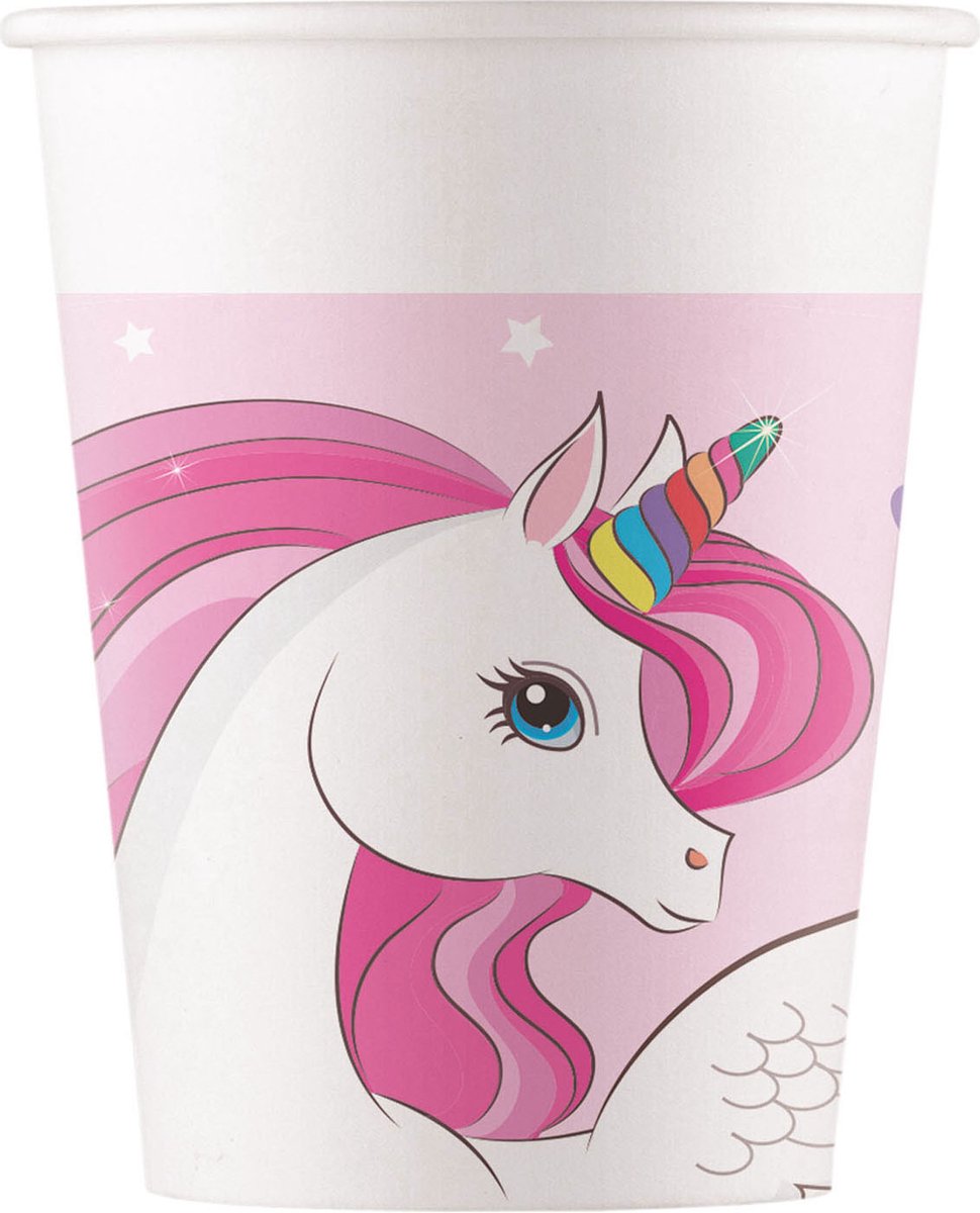 papieren bekers 200ml 8st  - Eenhoorn Regenboogkleuren