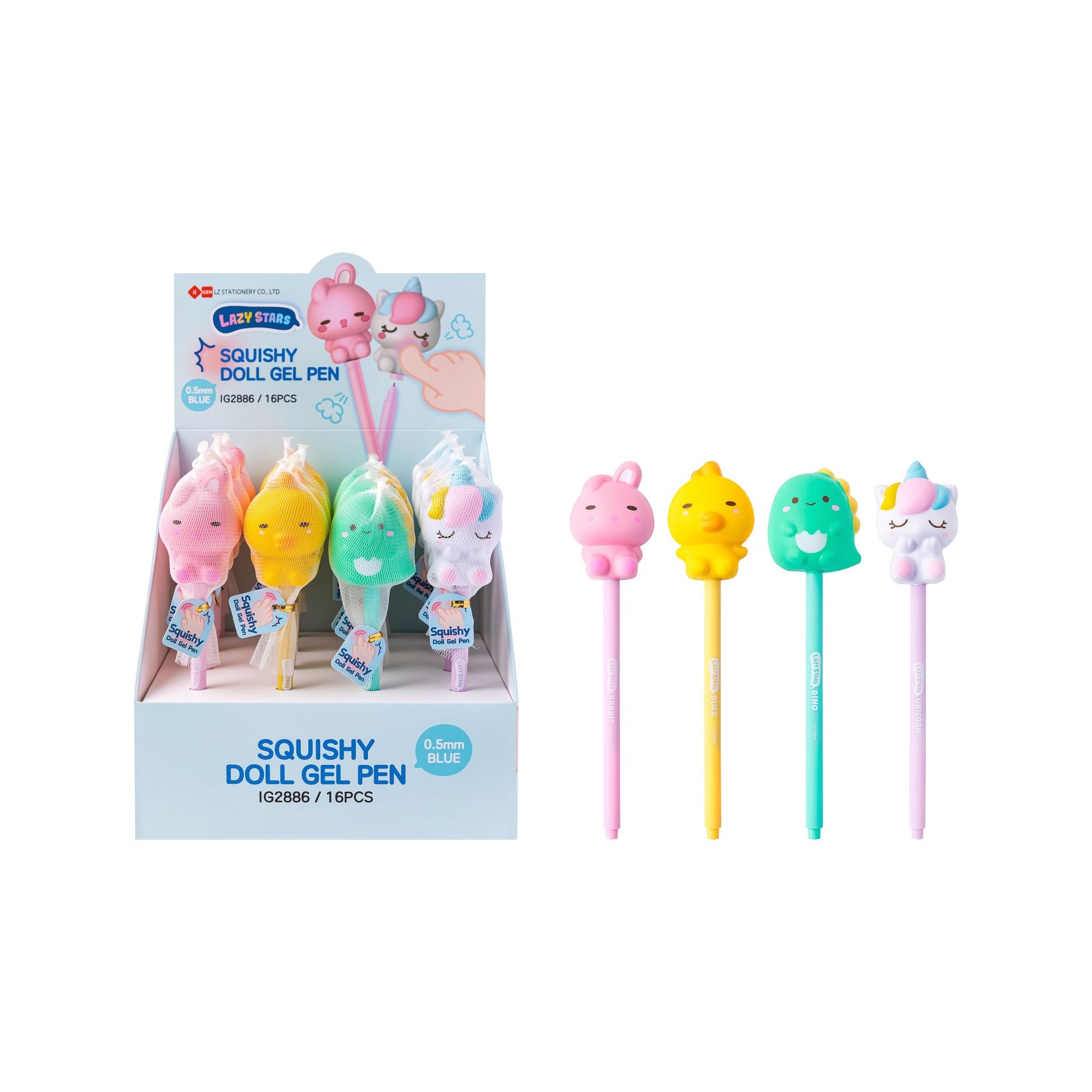 LAZY STARS Squishy doll pen - ass.   (prijs per stuk)