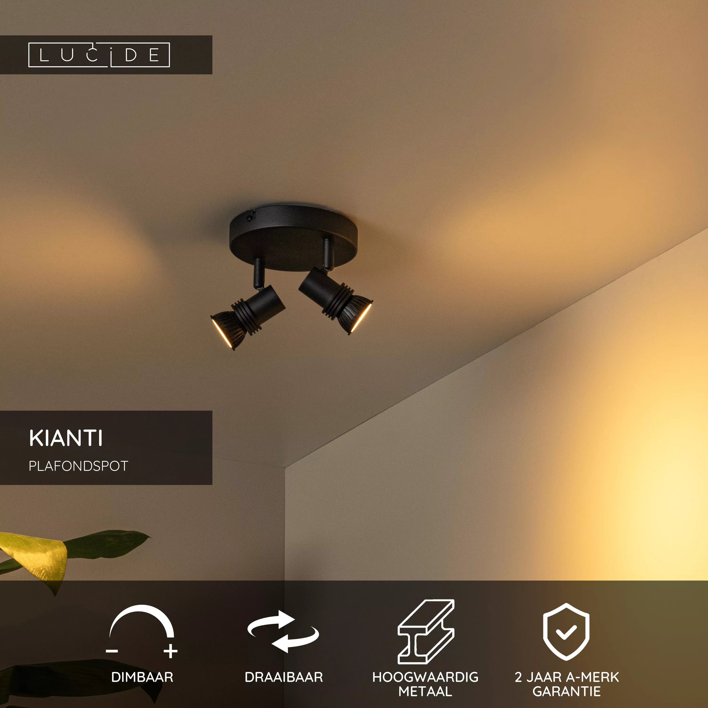 Lucide KIANTI Plafondspot zwart D15 2xGU10 - 50W