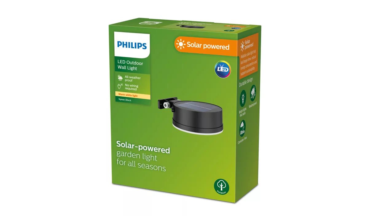 PHILIPS Vynce Wandlamp solar - zwart - rond - 1.5W - 2700K