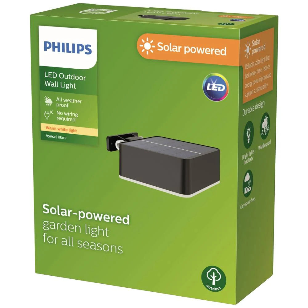 PHILIPS Vynce Wandlamp solar - zwart - vierkant - 1.5W - 2700K