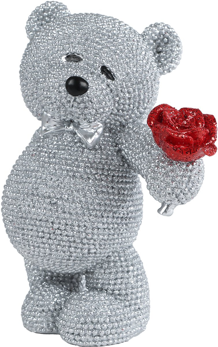 Decofiguur beer met roos - 9.5x7x13cm - glinster zilver