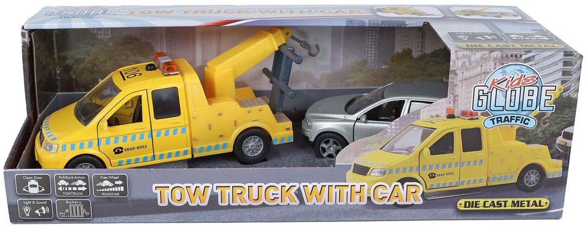 KIDS GLOBE Afsleepwagen en auto met licht en geluid - 26cm