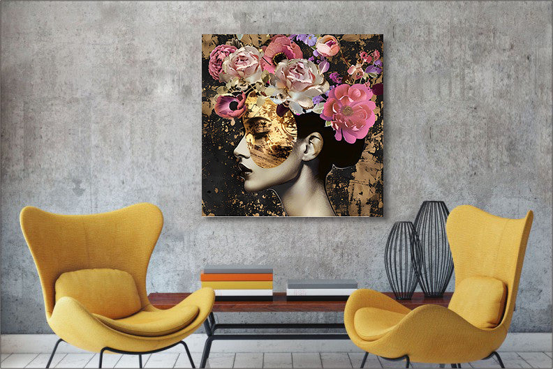 Glasschilderij vrouw met goud & bloemen - 80x80cm