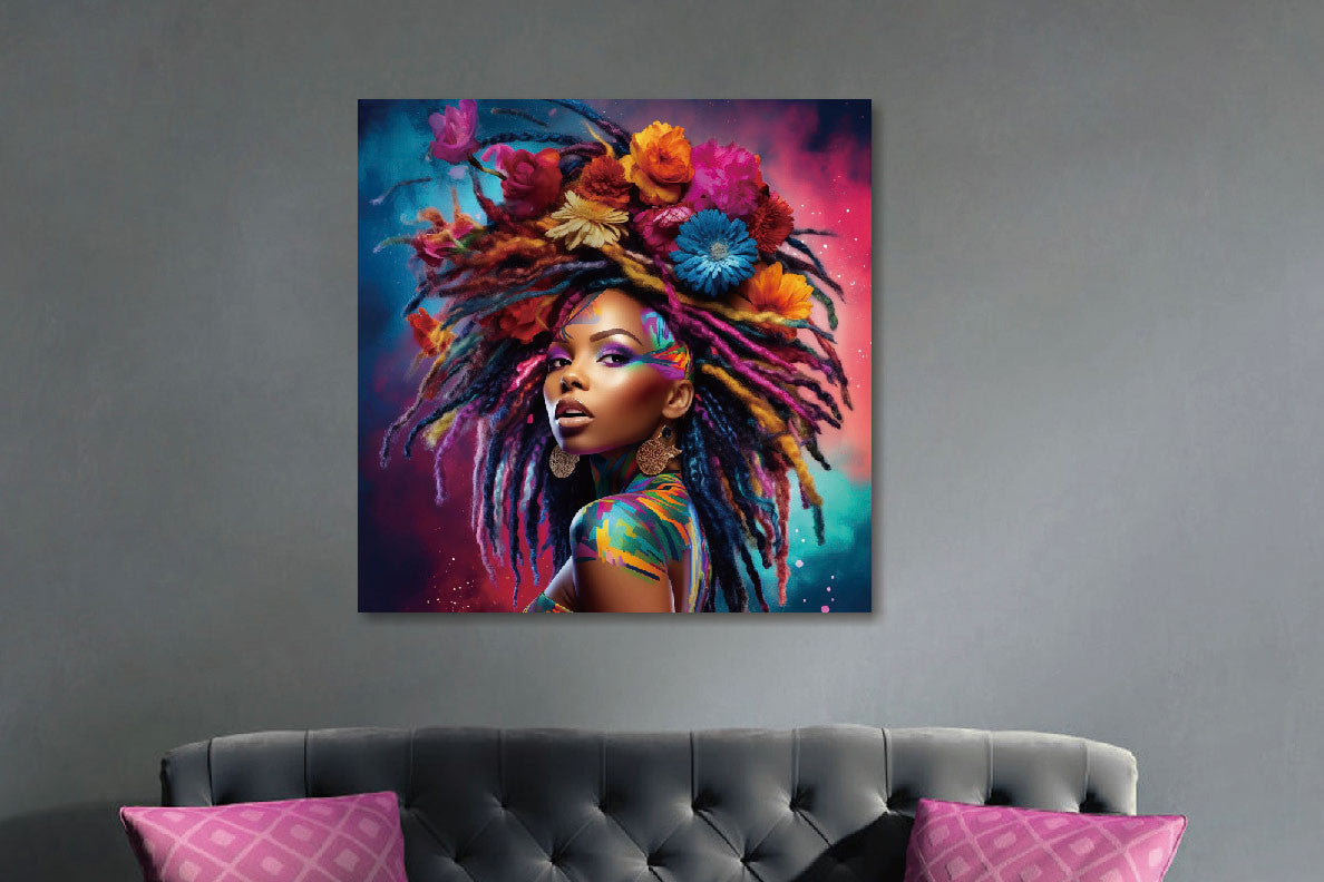 Glasschilderij vrouw met gekleurd haar - 80x80cm