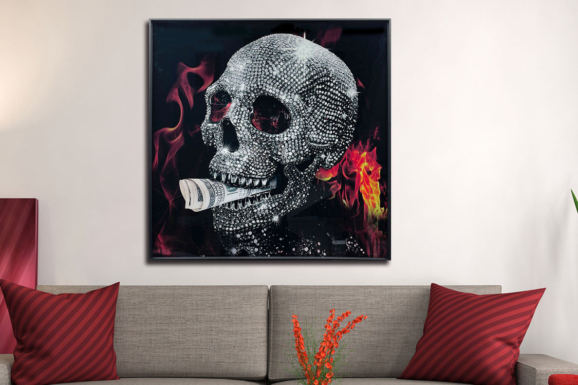 Glasschilderij rokende doodskop - 80x80cm - met kristallen en lijst