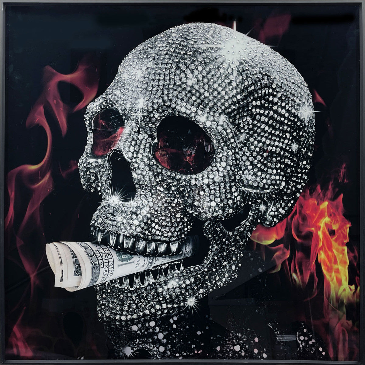 Glasschilderij rokende doodskop - 80x80cm - met kristallen en lijst