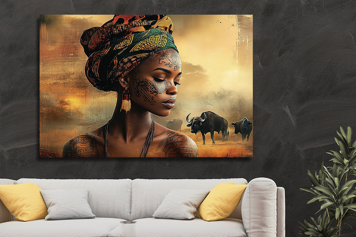 Glasschilderij vrouw met buffel - 120x80cm