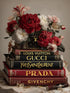 Glasschilderij Rode boeken m/rode bloemen goudfolie - 60x80cm